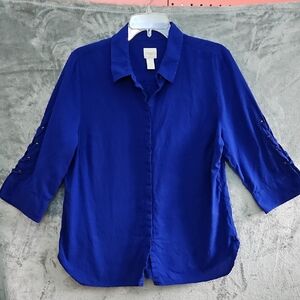 Chico's Sz Lg Blue Button-Down Blouse 3/4 Sleeve Cotton